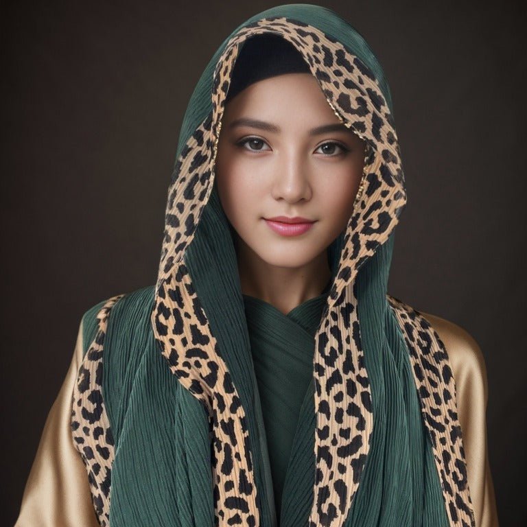 Foulard Hijab Crinkle Uni Orné d'un Motif Léopard (MH181)