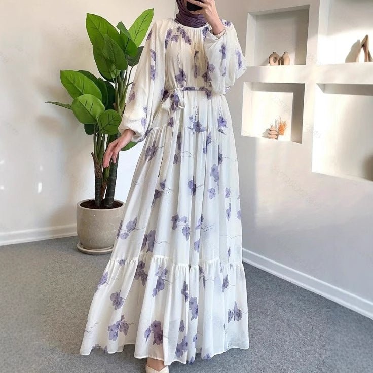 Robe Maxi Fleurie Aquarelle | Robe Étagée à Manches Longues et Ceinture (MS273)