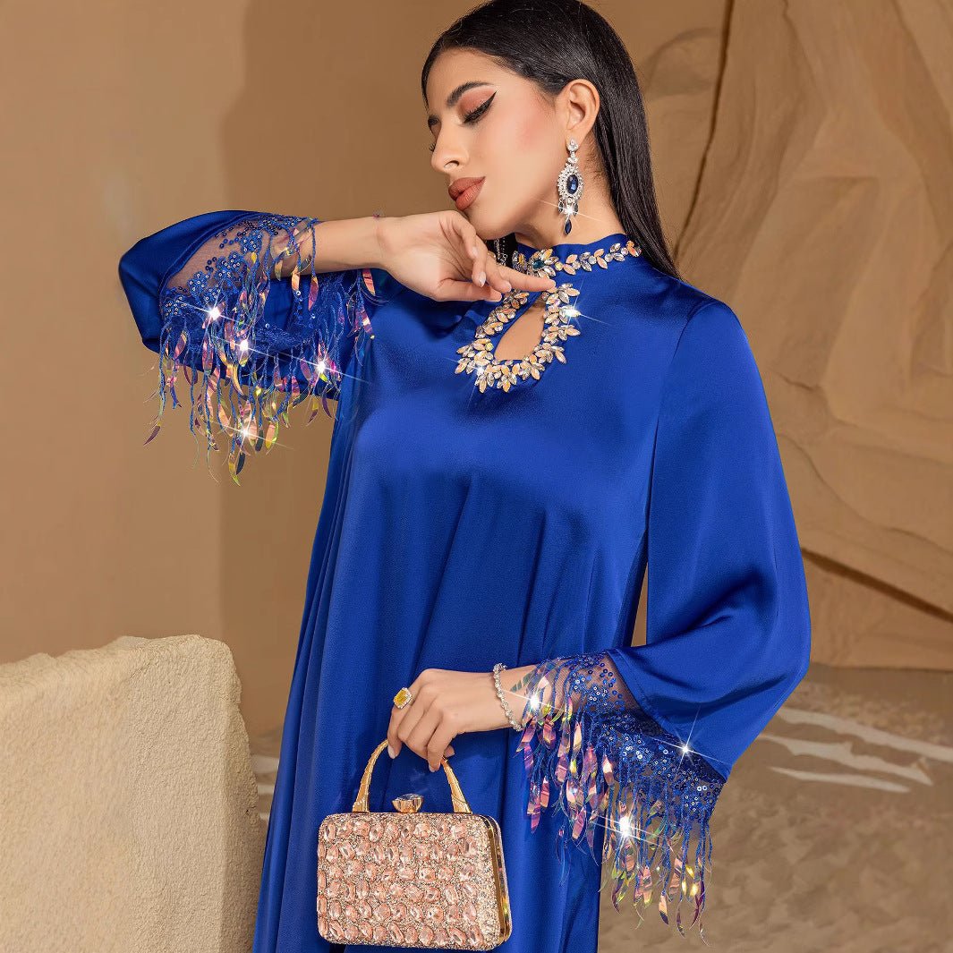 Robe Abaya longue élégante bleue | Abaya bleu dégradé à franges (MA184)