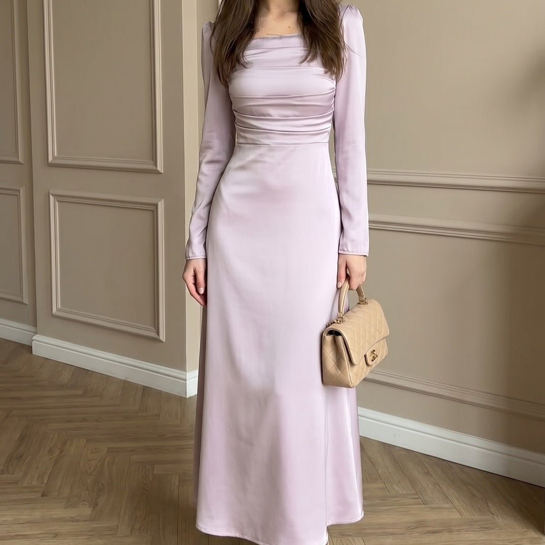 Robe Longue en Satin à Corsage Froncé (MS446)