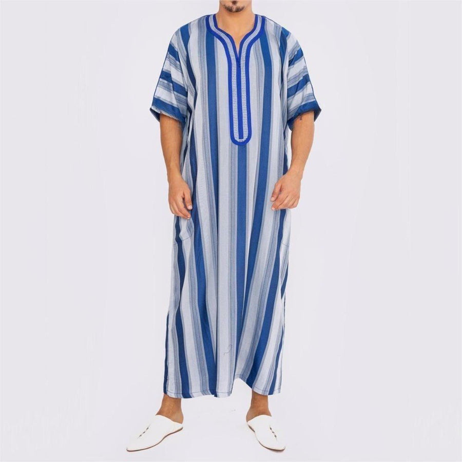 Thobe homme à manches courtes, rayures bleues et blanches, respirant, col en V et coupe modeste (MT031)