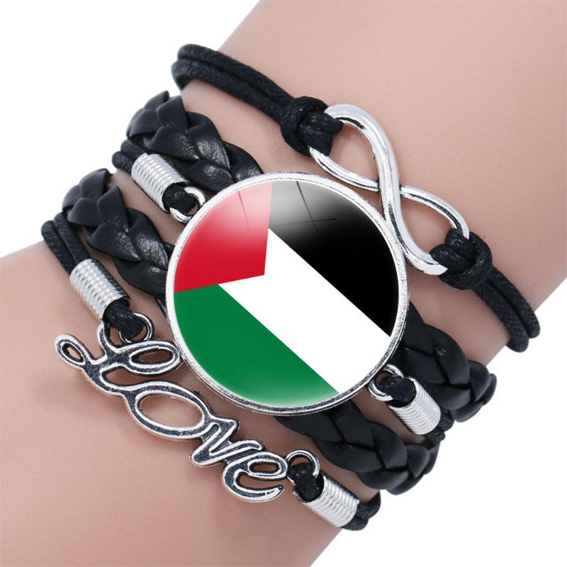 Bracelet multicouche motif keffieh drapeau palestinien avec pierres fines "time", "love" & ∞ (MAC080)