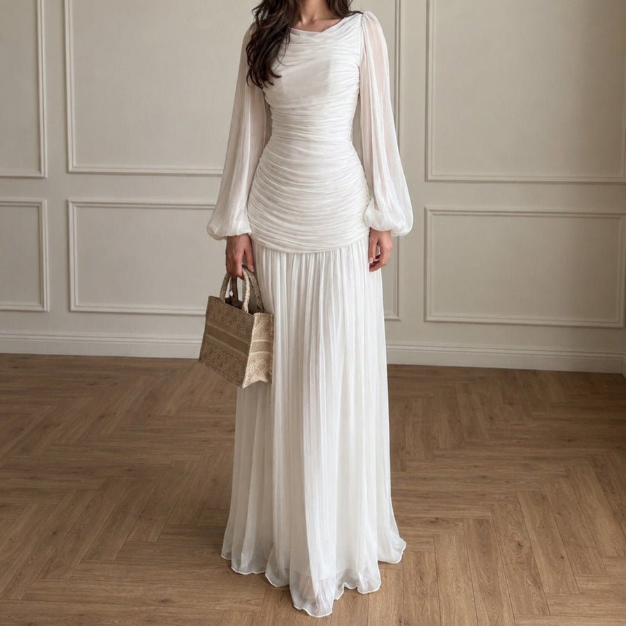 Robe Maxi Plissée Encolure Drapée Taille Froncée Manches Lanternes (MS534)