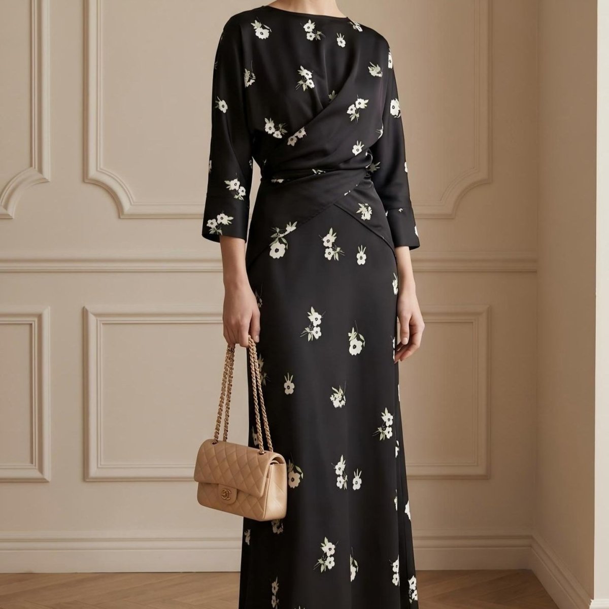 Robe midi imprimée fleurs avec nœud torsadé sur le devant (MS463)