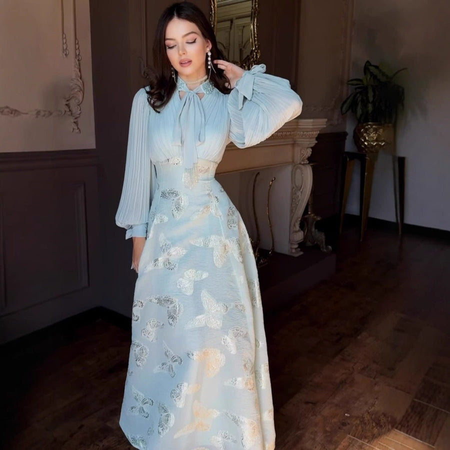 Robe Maxi Élégante à Manches Longues, Abaya à Motif Papillon / Robe Longue (MA219)