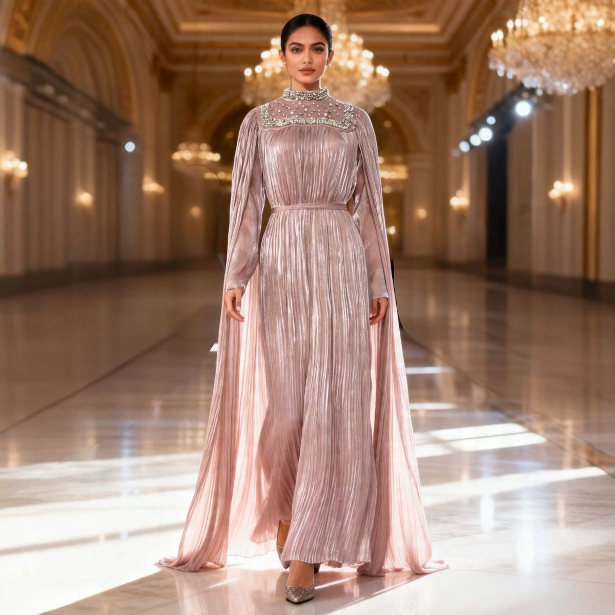 Robe longue plissée en mousseline perlée de perles et cristaux (MA441)