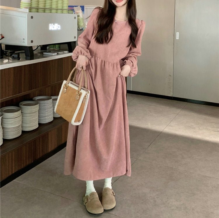 Robe Maxi en Velours Côtelé Français à Manches Lanterne | Robe Froncée à Poignets Élastiques (MS206)