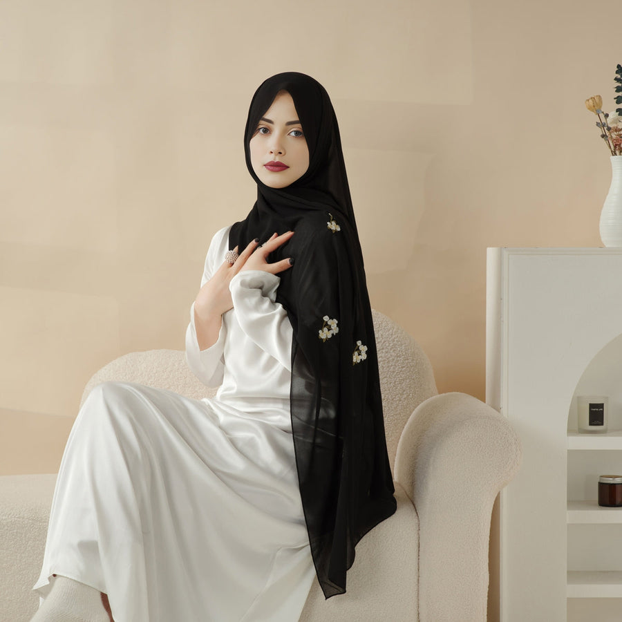 Foulard Hijab en Chiffon Uni Brodé, Hijab Brodé Extra-Fin (MH077)