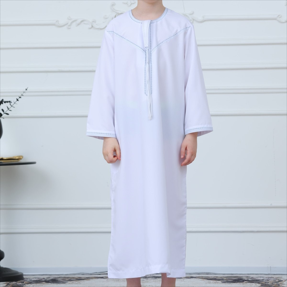 Qamis Kaftan Blanc à Surpiqûres Contrastées (MKB025)