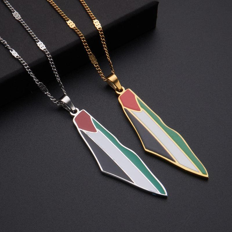 MAC100 Collier pendentif en acier inoxydable vintage, carte de la Palestine et motif keffieh