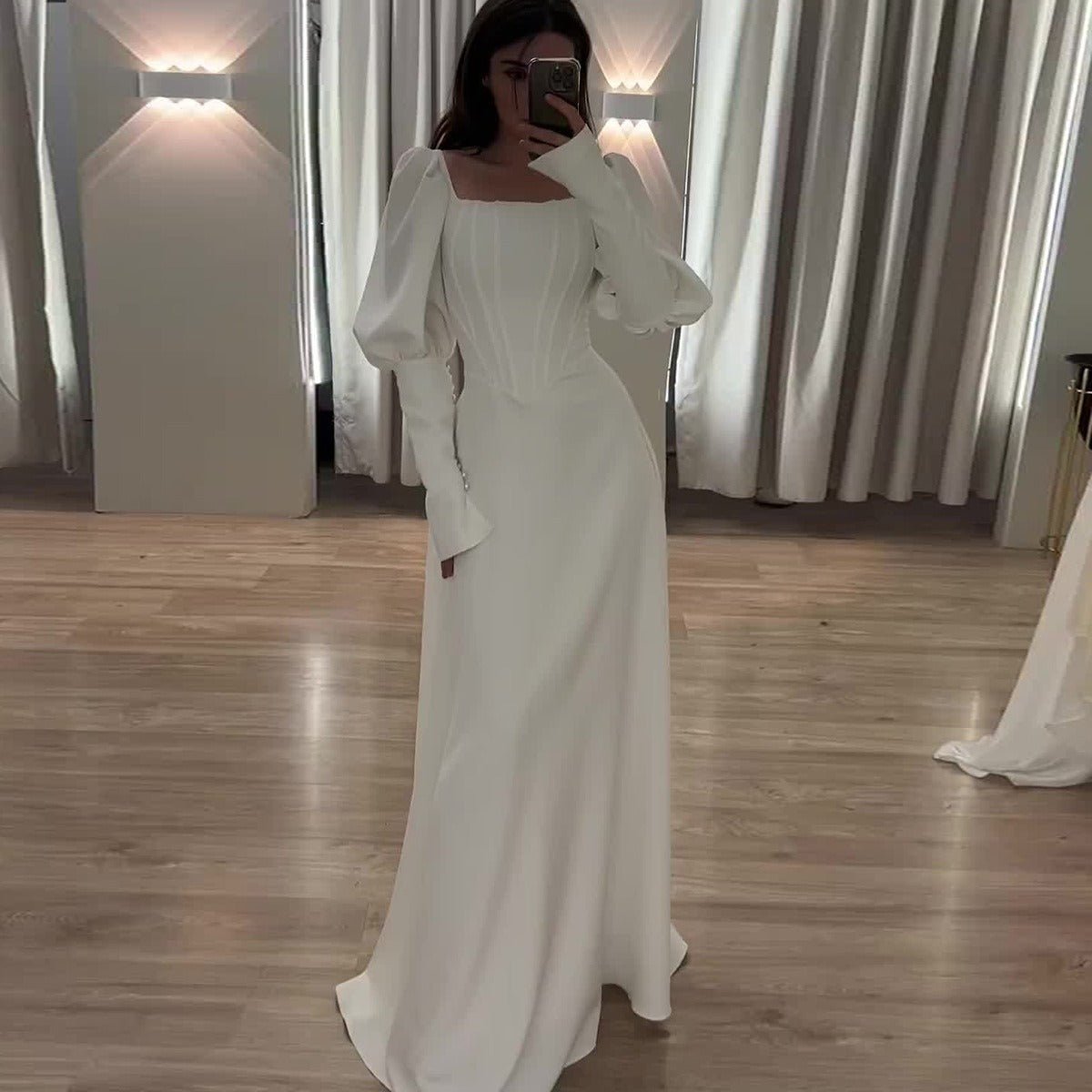 Élégante robe abaya modeste à col carré, manches longues bouffantes, blanche (MA228)