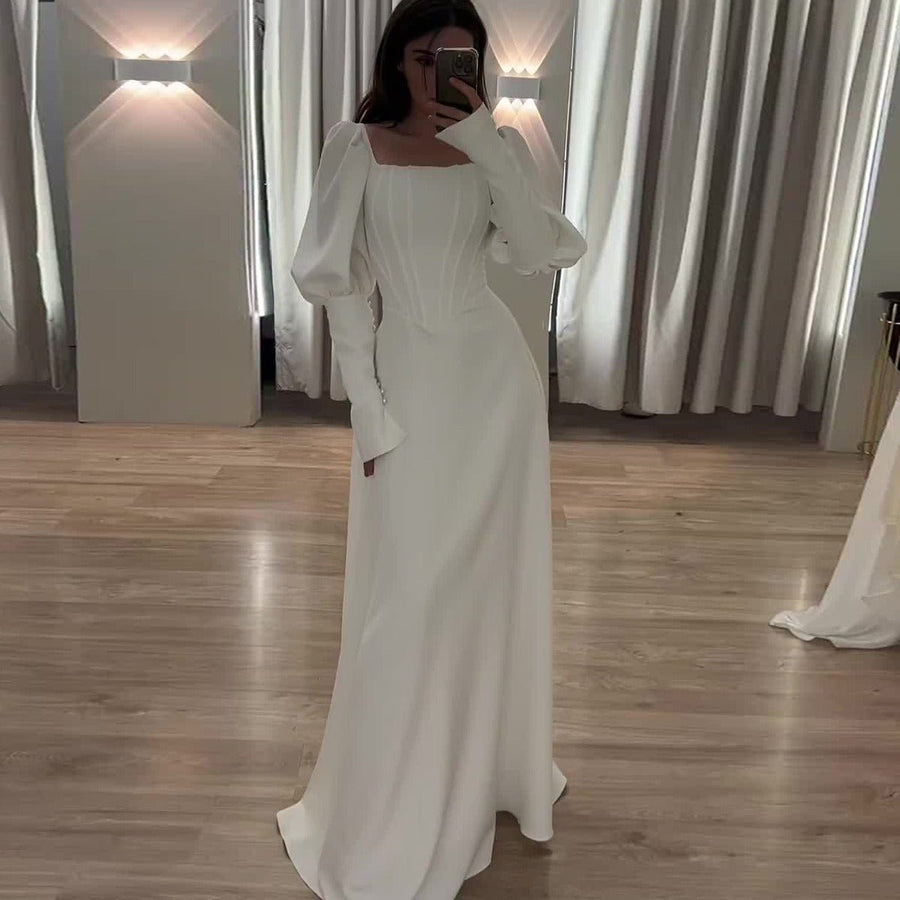 Élégante robe abaya modeste à col carré, manches longues bouffantes, blanche (MA228)