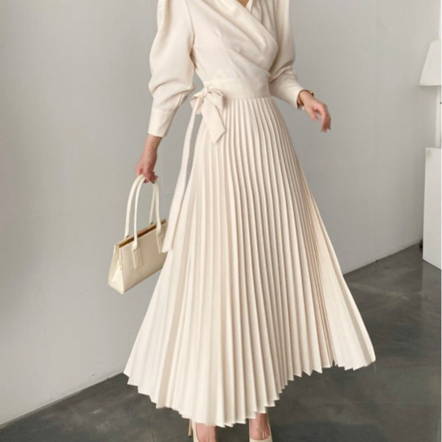 Robe cintrée à col cranté et nœud à la taille | Robe midi plissée à manches ballon ajustées (MA240)