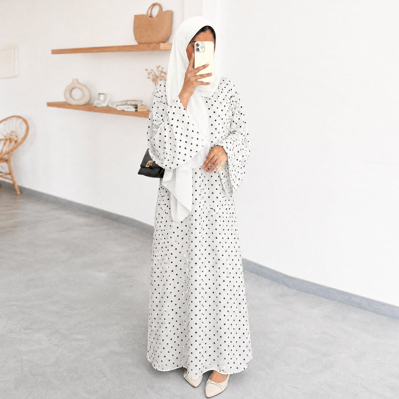 Abaya Maxi Dress Manches Évasées à Pois (MA464)