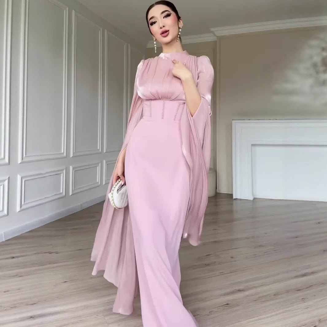 Robe en satin avec dos corset et manches cape (MS344)