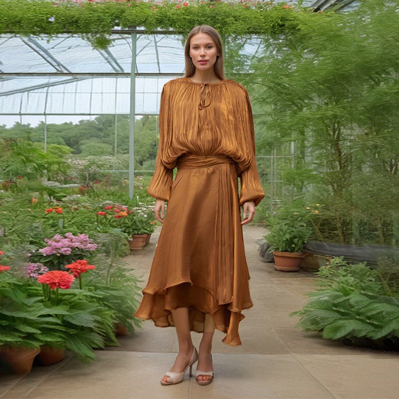 Robe blousante en satin avec col à nouer (MS354)