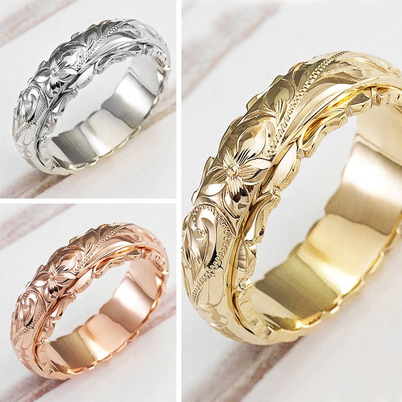 Bague en or jaune 14 carats gravée avec rose flottante (MAC195)
