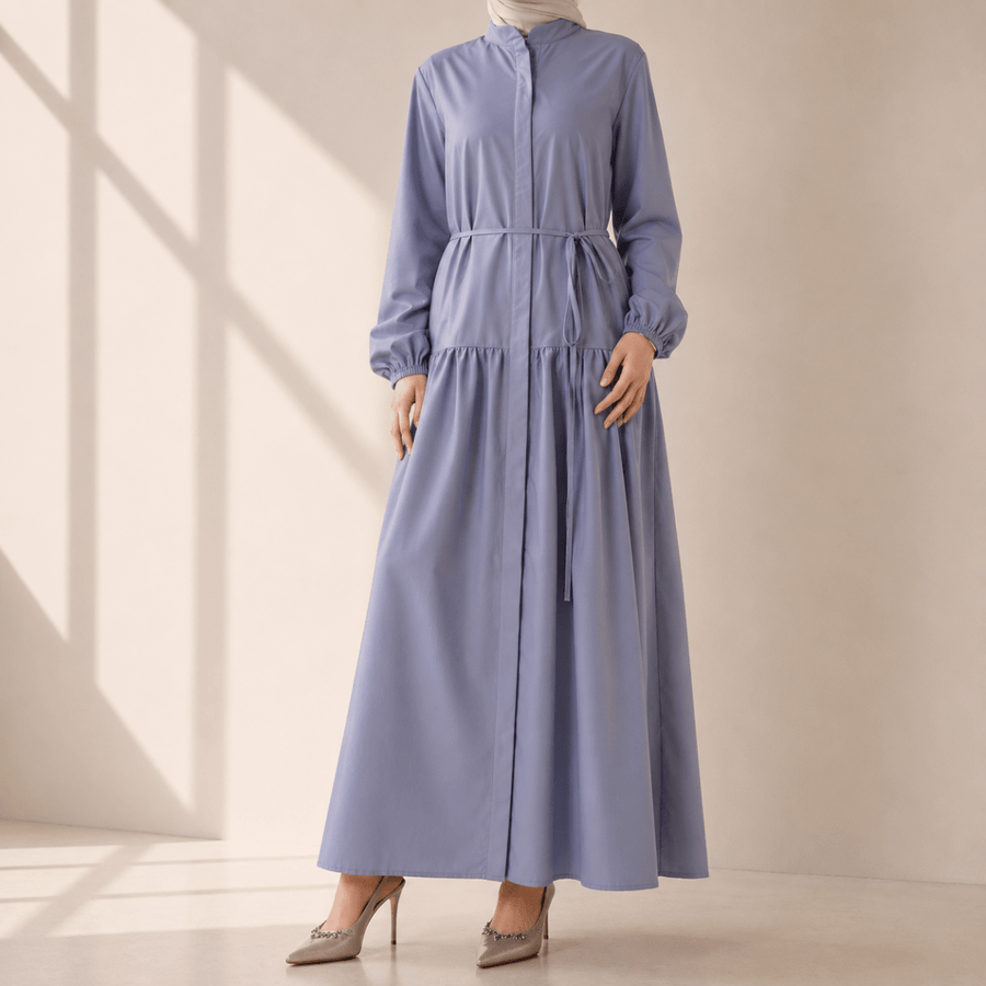 Robe Abaya Maxi Trench Cintrée en Ligne A avec Poches (MA422)