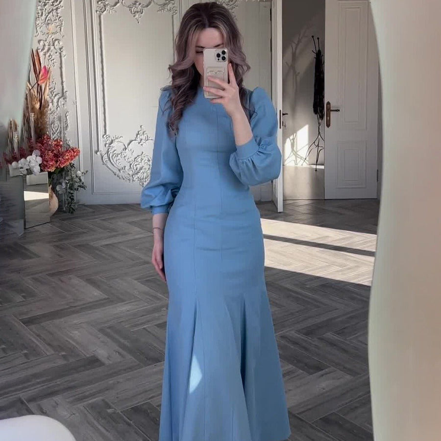 Robe Abaya Sirène en Mousseline Bleue à Manches Longues, Style Cour Élégant Printanier (MA222)