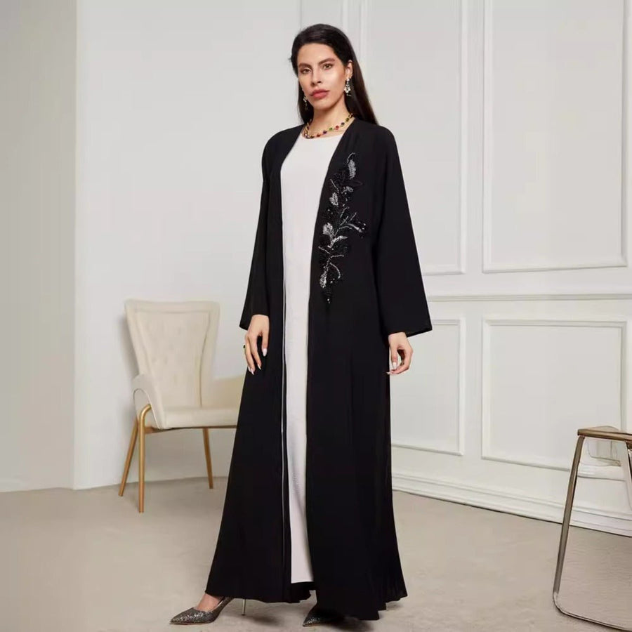 Robe Ouverte Brodée Noire & Argentée - Abaya Élégante et Modeste (MOA216)