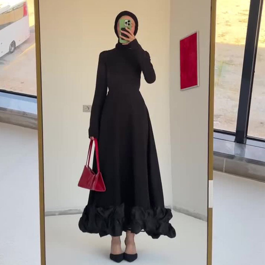 Robe de soirée en tulle avec ourlet à volants | Robe maxi ajustée à col montant (MS234)