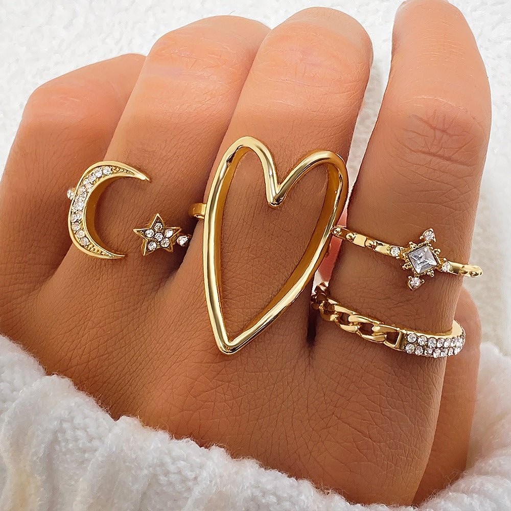 Bague Triangle Love Ajourée Étoile et Lune en Diamants Complets (MAC206)