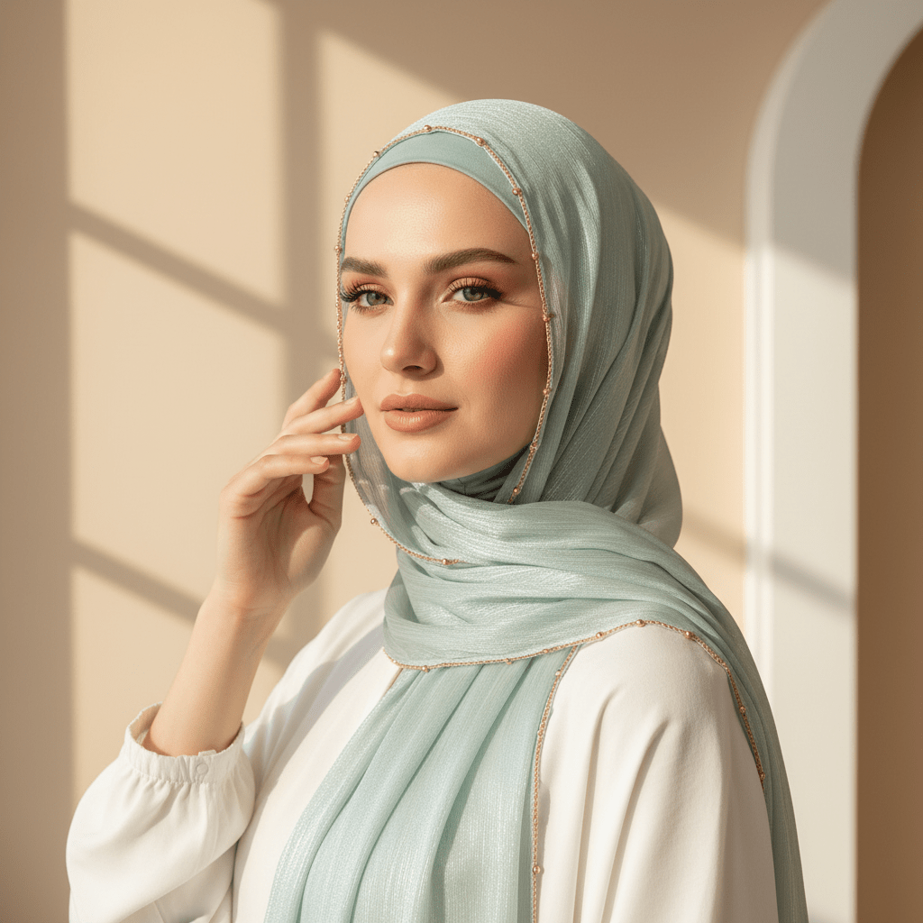 Hijab en satin froissé avec bordure perlée et chaîne dorée (MH238)