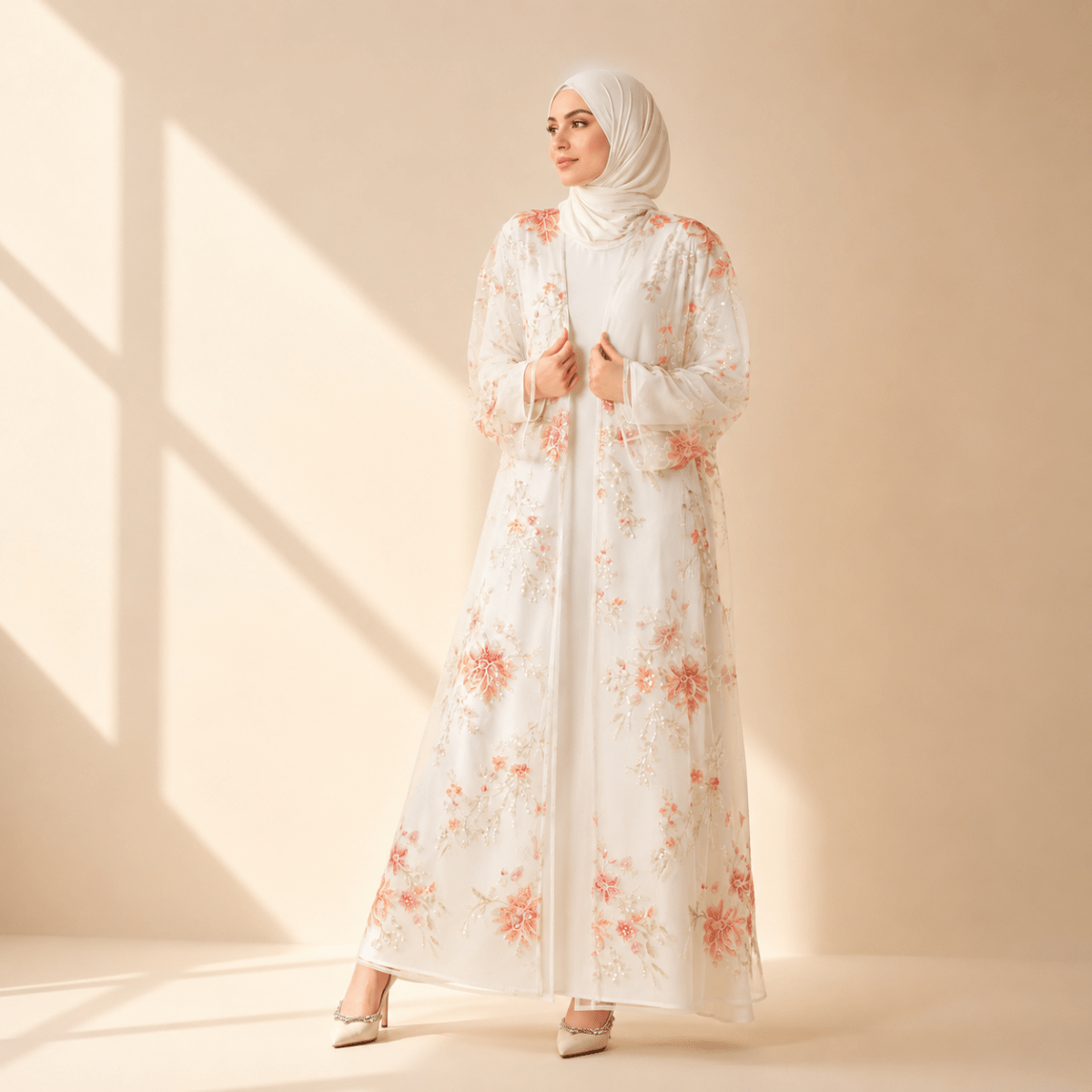 Abaya ouverte de luxe brodée de sequins floraux 3D pour mariages et l'Aïd (MOA306)