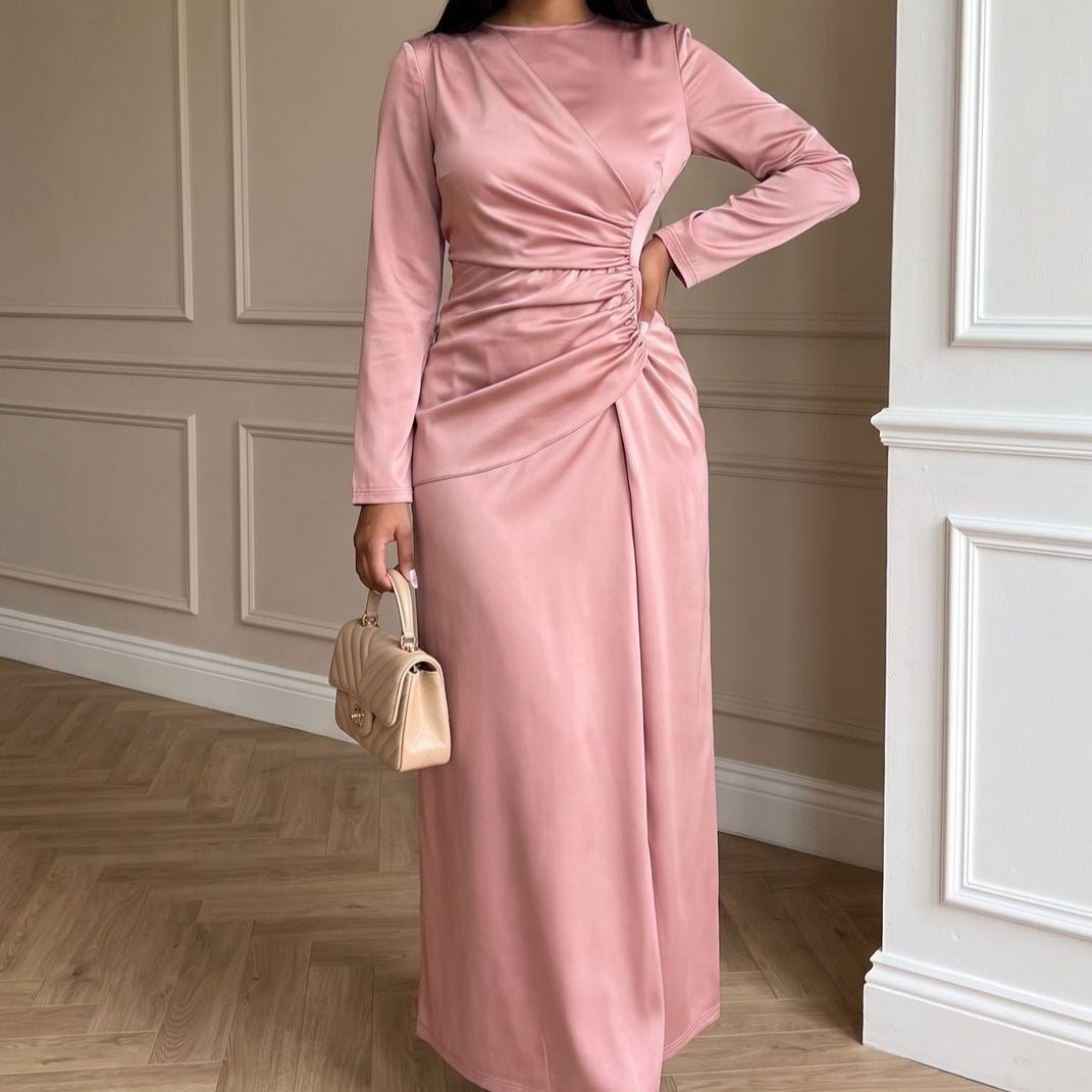 Robe Longue Satin Froncée à la Taille Manches Longues (MS497)