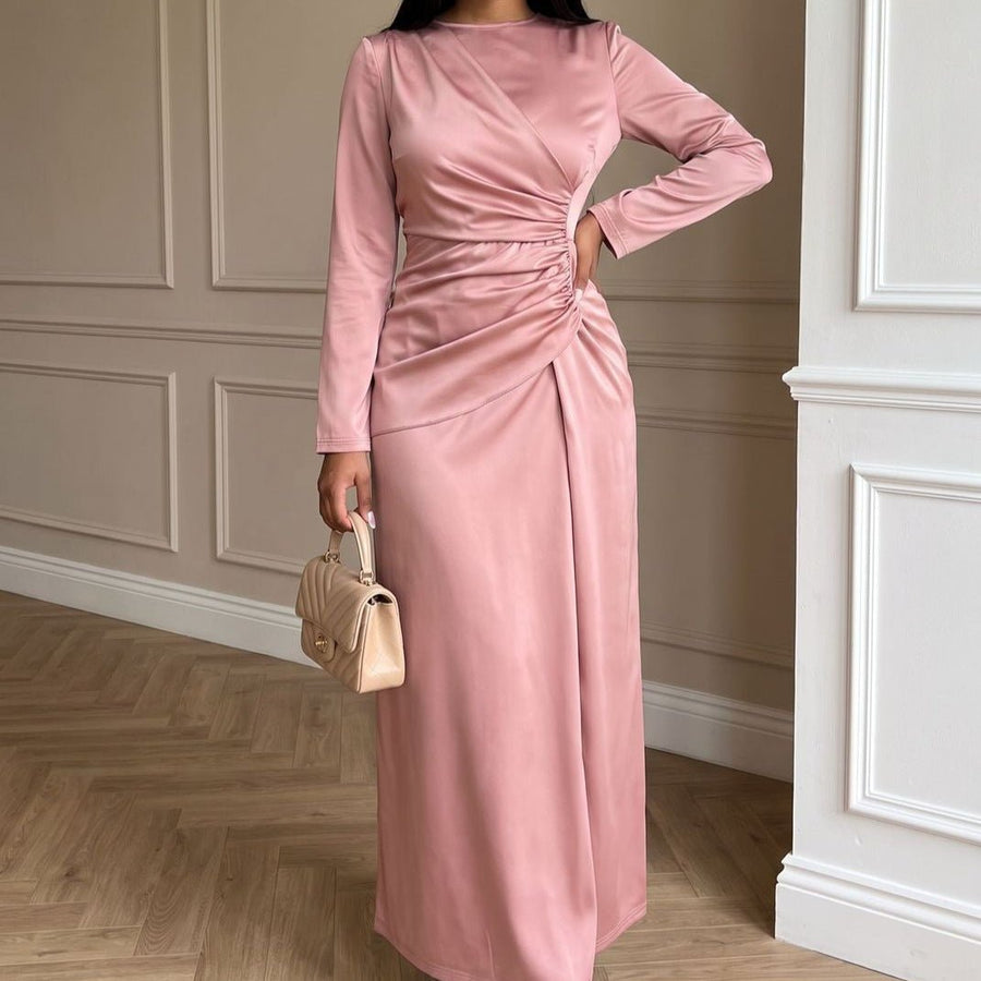 Robe Longue Satin Froncée à la Taille Manches Longues (MS497)