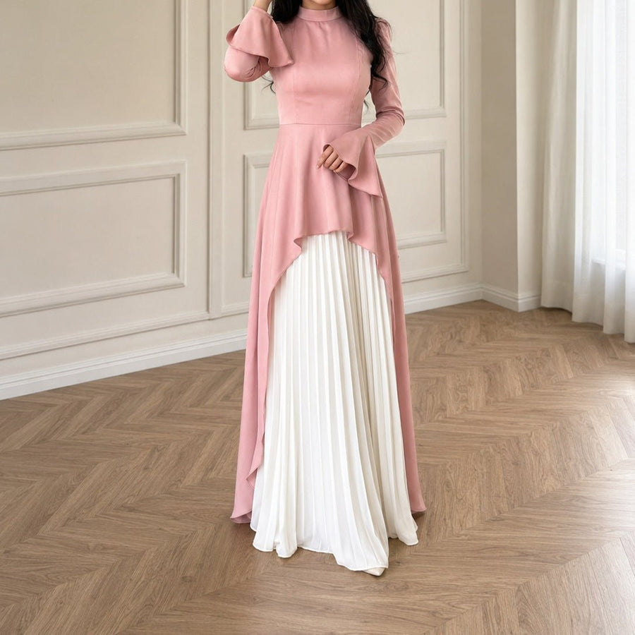 Robe Maxi Plissée Peplum Rose & Ivoire (MS512)