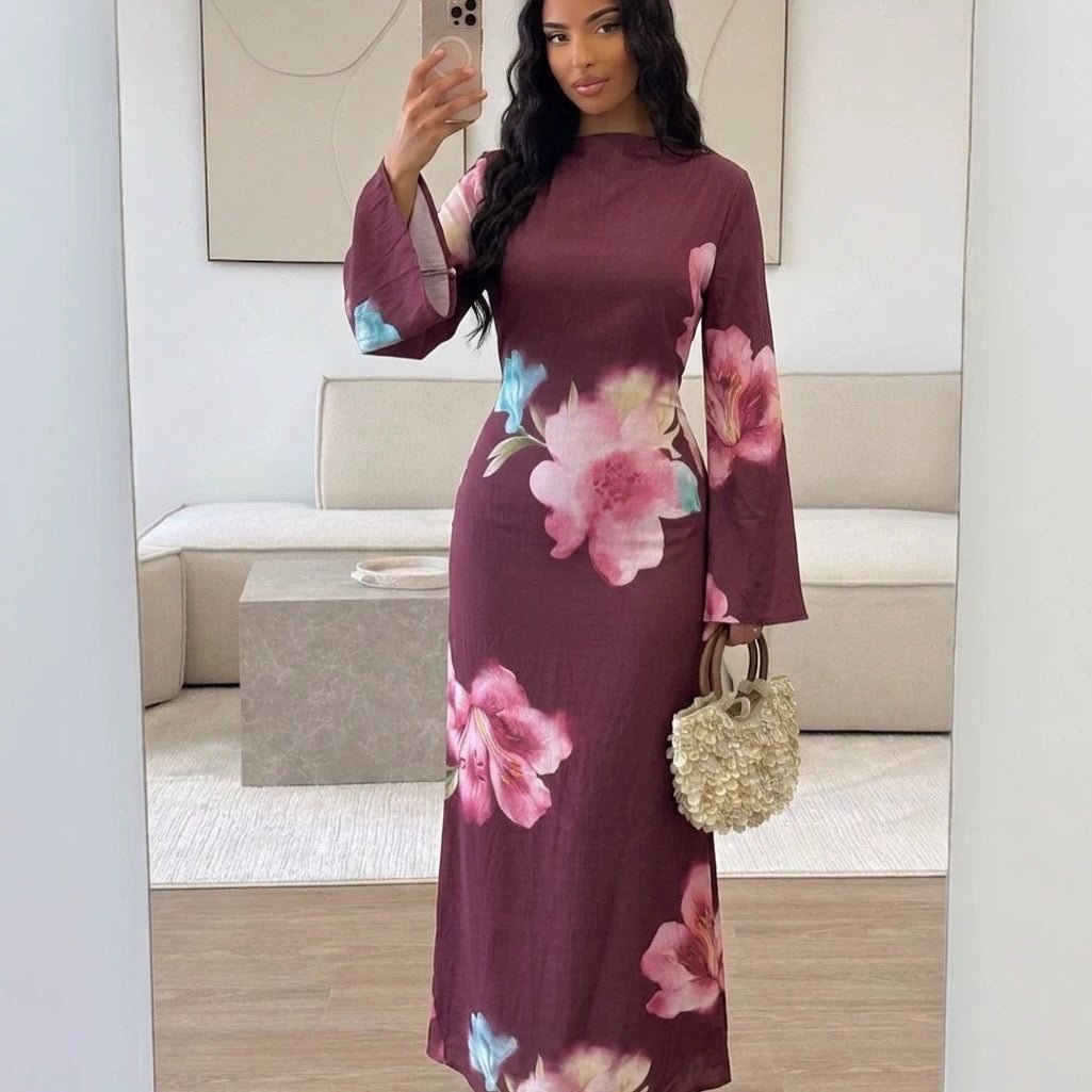 Robe Maxi à Manches Larges en Crinkle Délavé Floral Aquarelle (MS473)