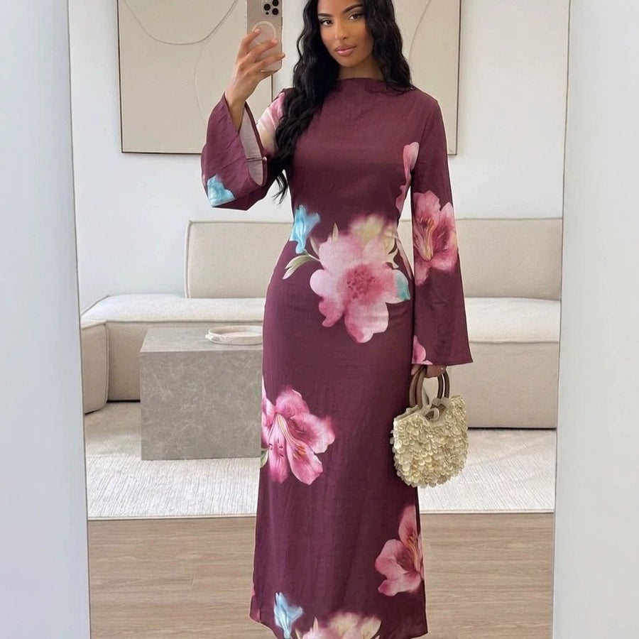Robe Maxi à Manches Larges en Crinkle Délavé Floral Aquarelle (MS473)