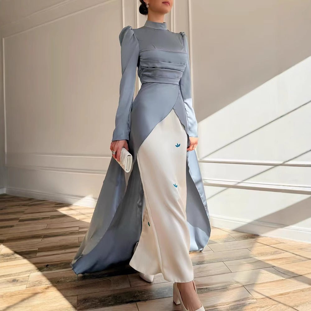 Robe de soirée en satin colorblock avec traîne (MA351)