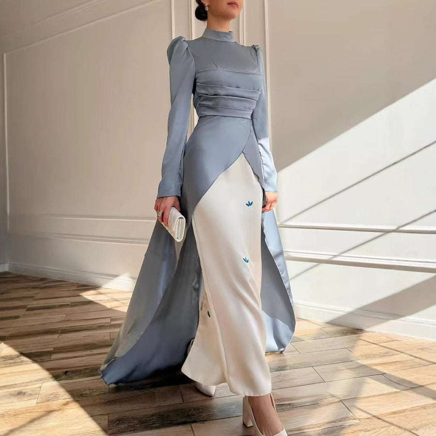 Robe de soirée en satin colorblock avec traîne (MA351)