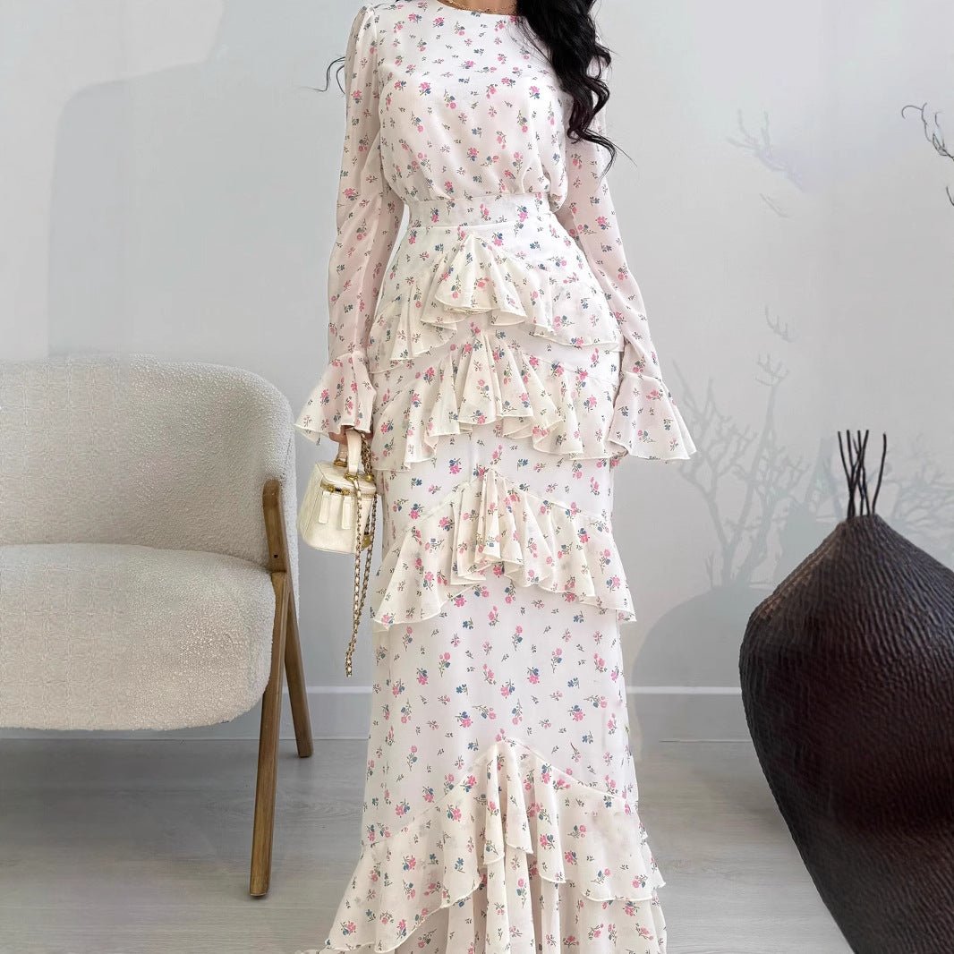 Robe Longue Élégante et Romantique en Mousseline Fleurie, Coupe Sirène à Volants et Manches Longues, Abaya Maxi (MA212)