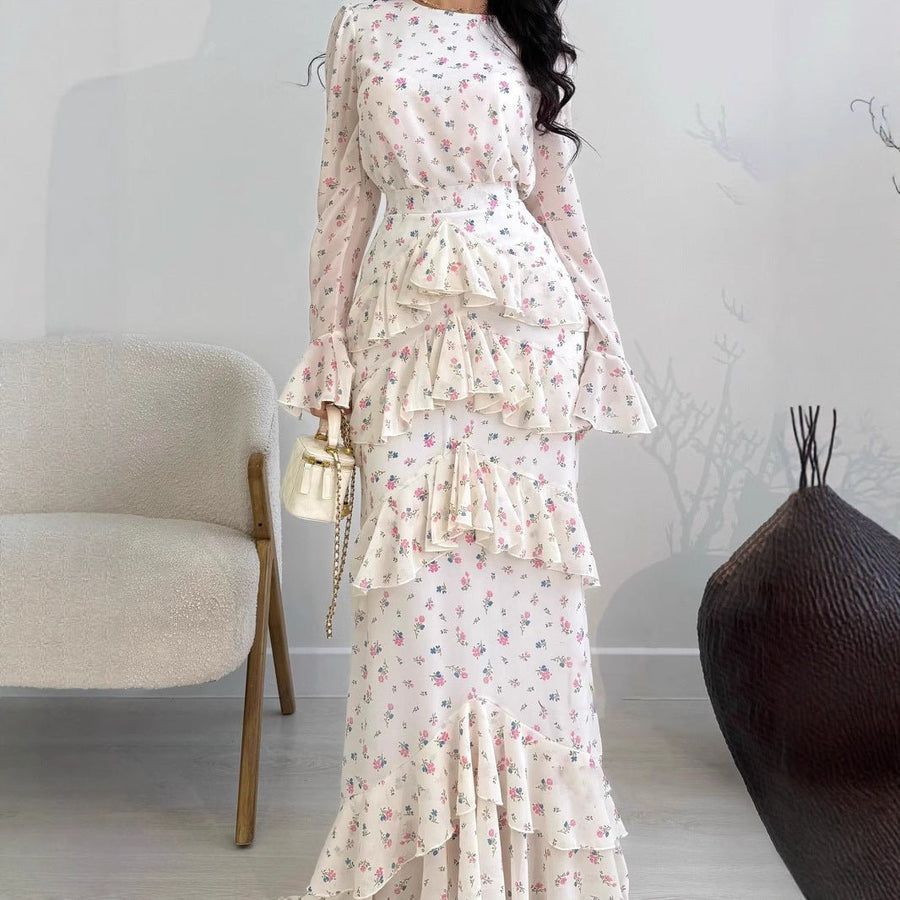 Robe Longue Élégante et Romantique en Mousseline Fleurie, Coupe Sirène à Volants et Manches Longues, Abaya Maxi (MA212)