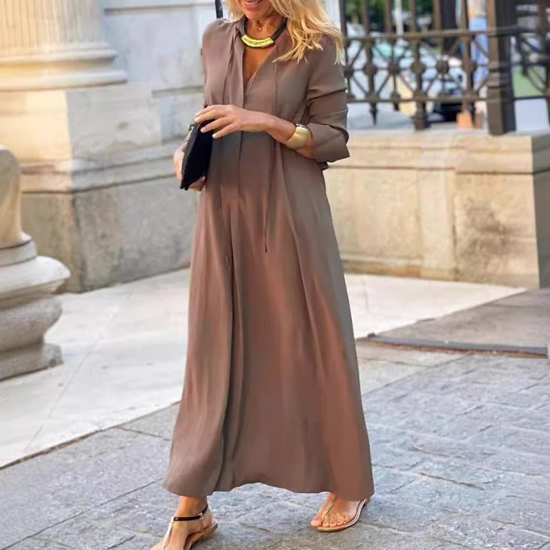 Robe Maxi Élégante à Col en V avec Cordon de Serrage | Tenue Modeste Contemporaine (MS121)