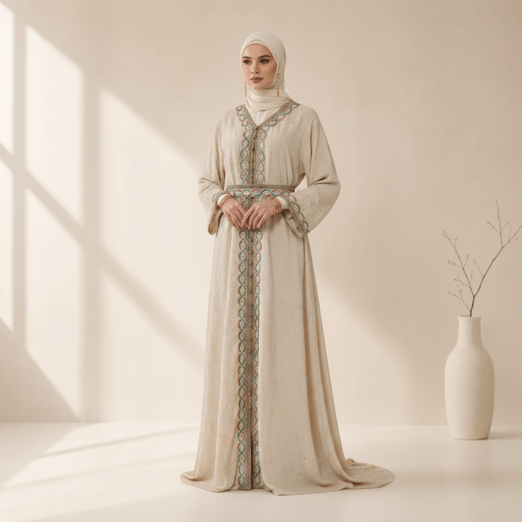 Pièce d'archive : Kaftan marocain avec bordure brodée et ceinture - MP058 (Taille unique uniquement)