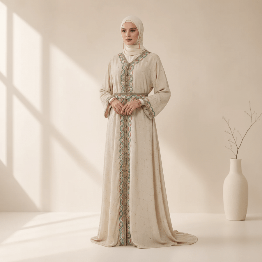Pièce d'archive : Kaftan marocain avec bordure brodée et ceinture - MP058 (Taille unique uniquement)