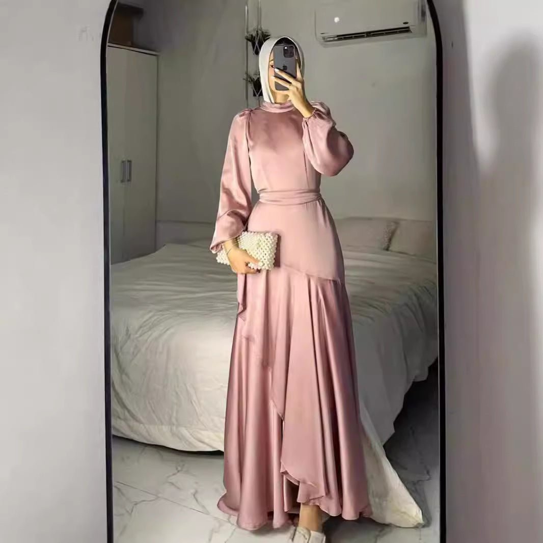 Robe Maxi en Satin Luxe à Ourlet Volanté | Abaya à Manches Élastiquées avec Ceinture (MS187)