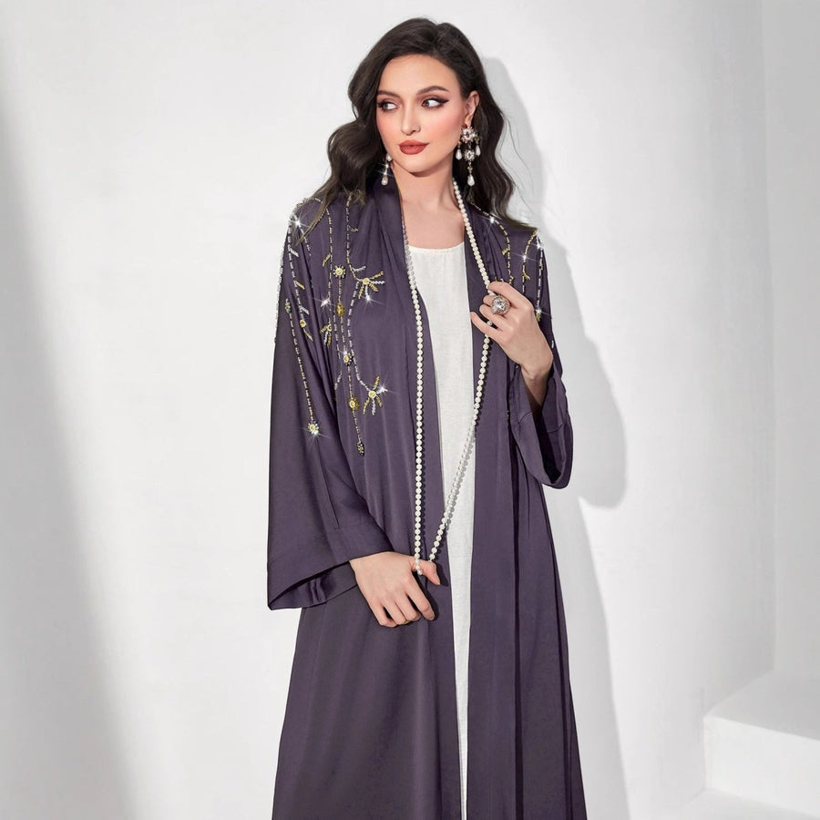 Abaya à motifs floraux perlés | Cardigan ouvert brodé (MOA268)
