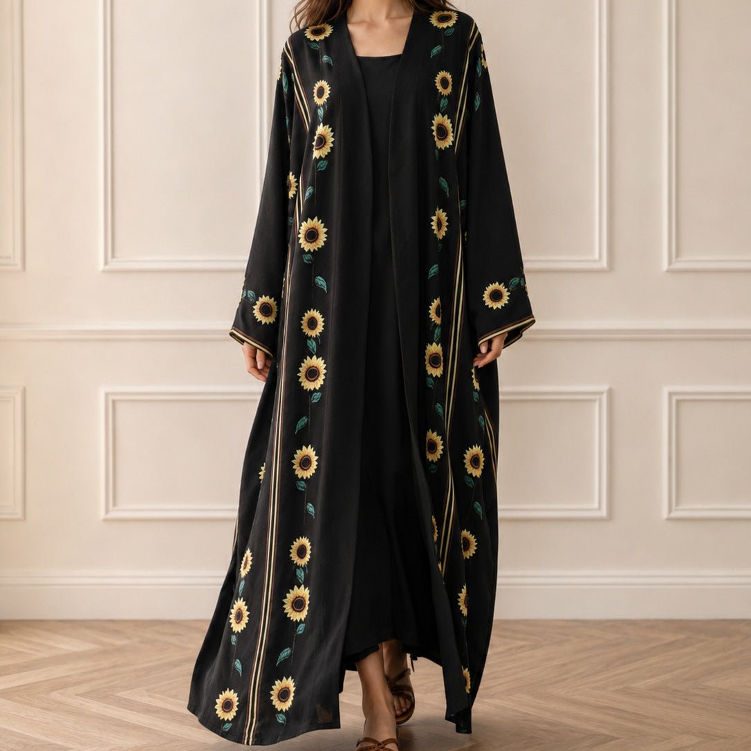 Abaya ouverte imprimé tournesol avec liseré doré (MOA338)