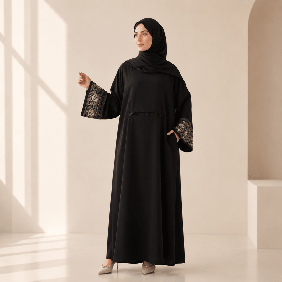 Pièce d'archive Abaya de prière à hijab intégré avec manchette brodée - MP048 (Taille unique uniquement)