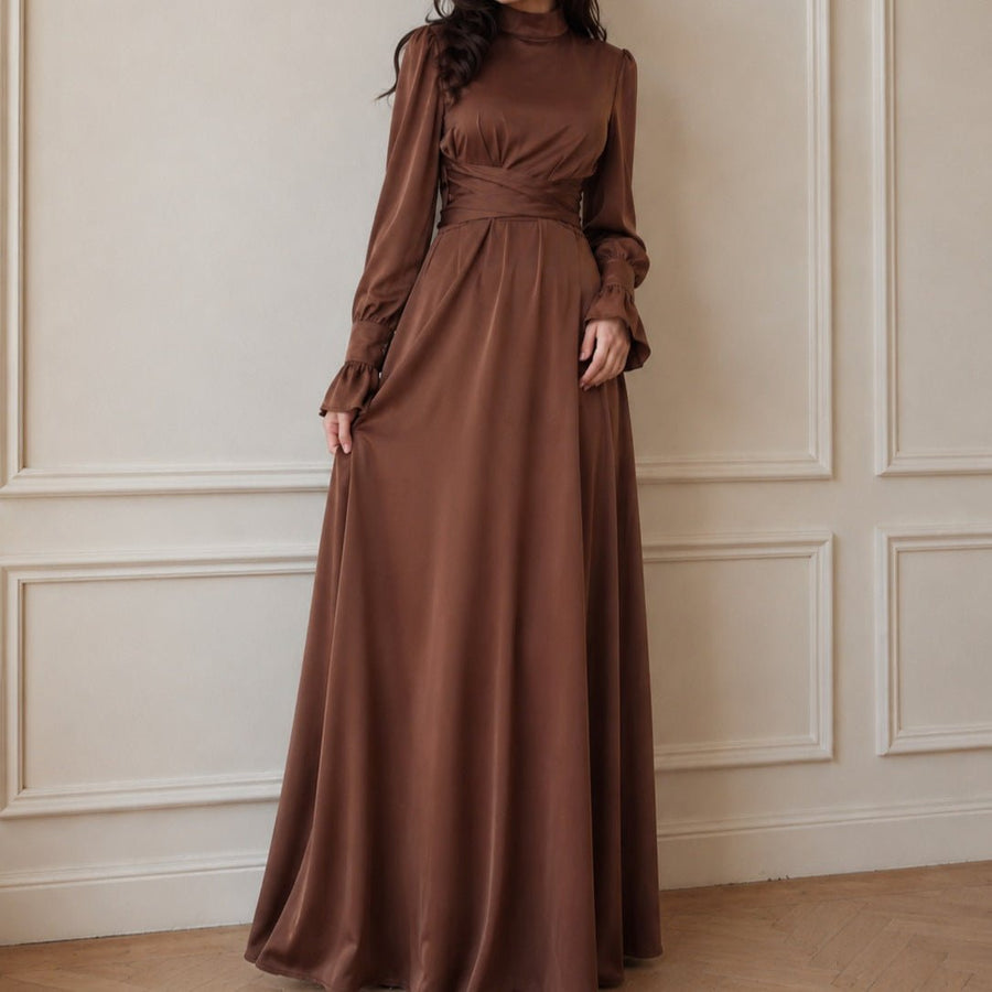 Robe Maxi à Taille Croisée en Satin (MS506)