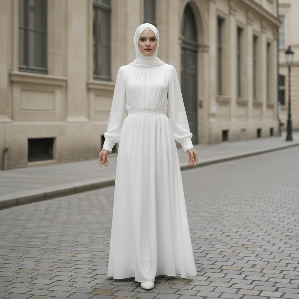 Abaya Robe Princesse en Mousseline Blanche à Manches Lanternes | Élégante Abaya Style Cour Française Fée du Printemps (MA180)