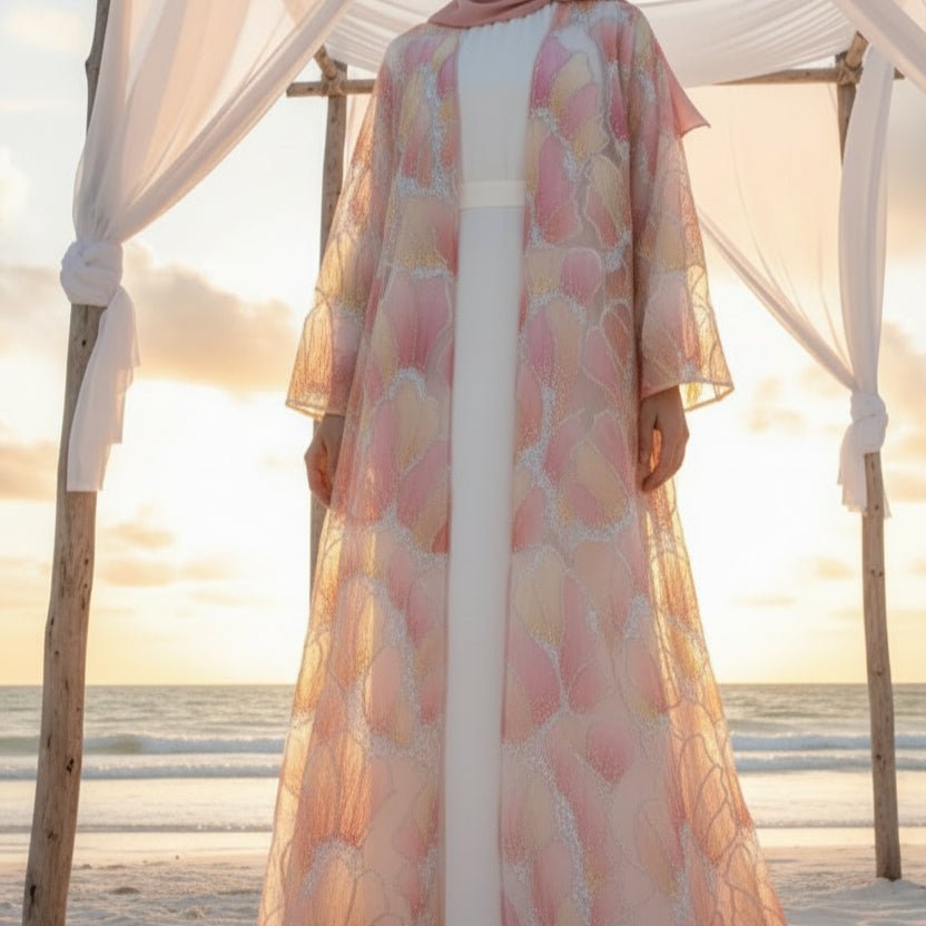 Abaya Ouverte Brodée Main Petal Glow — Collection Secret Garden (MOA295)