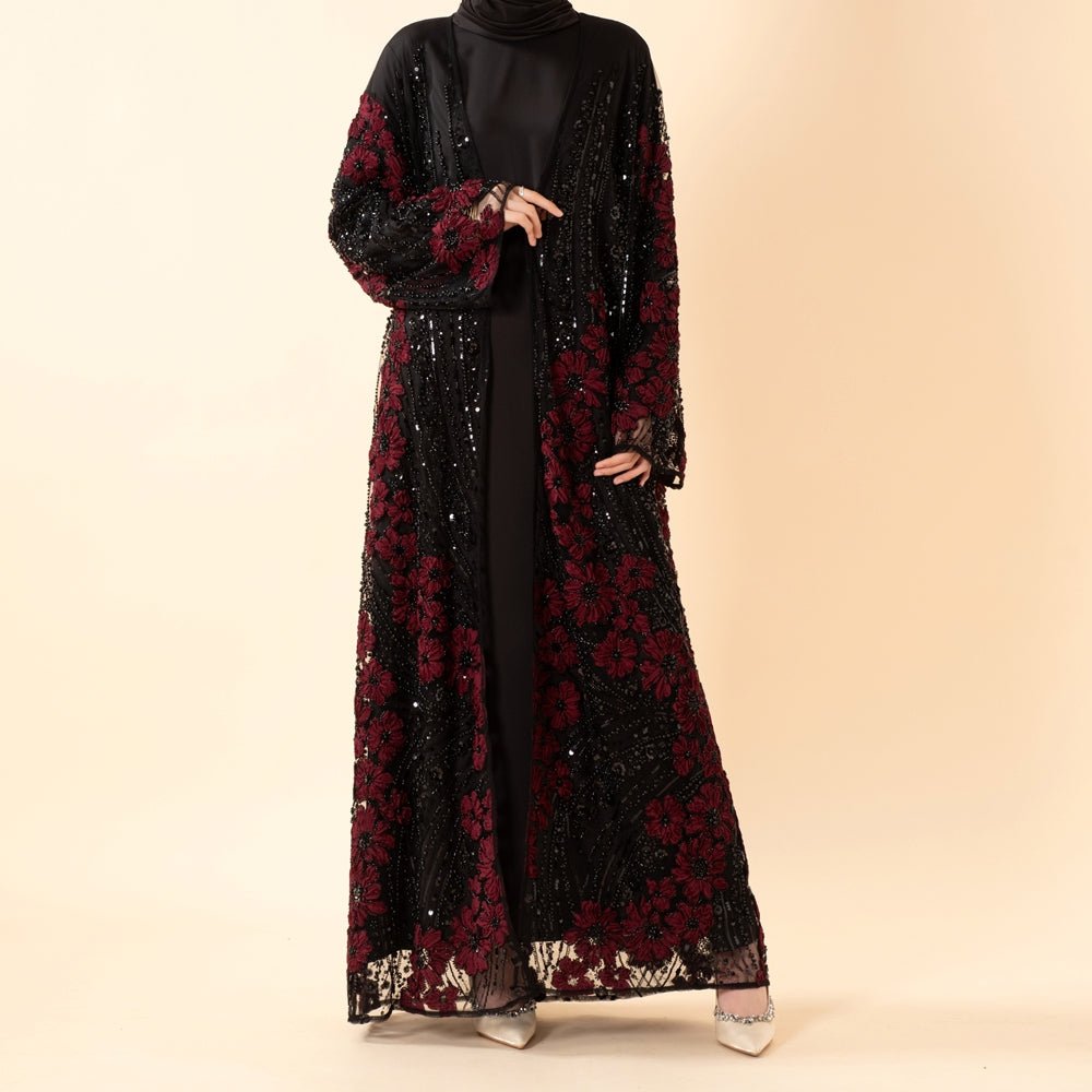 Abaya ouverte de luxe à fleurs 3D perlée paillettée brodée pour Aïd et mariage (MOA307)