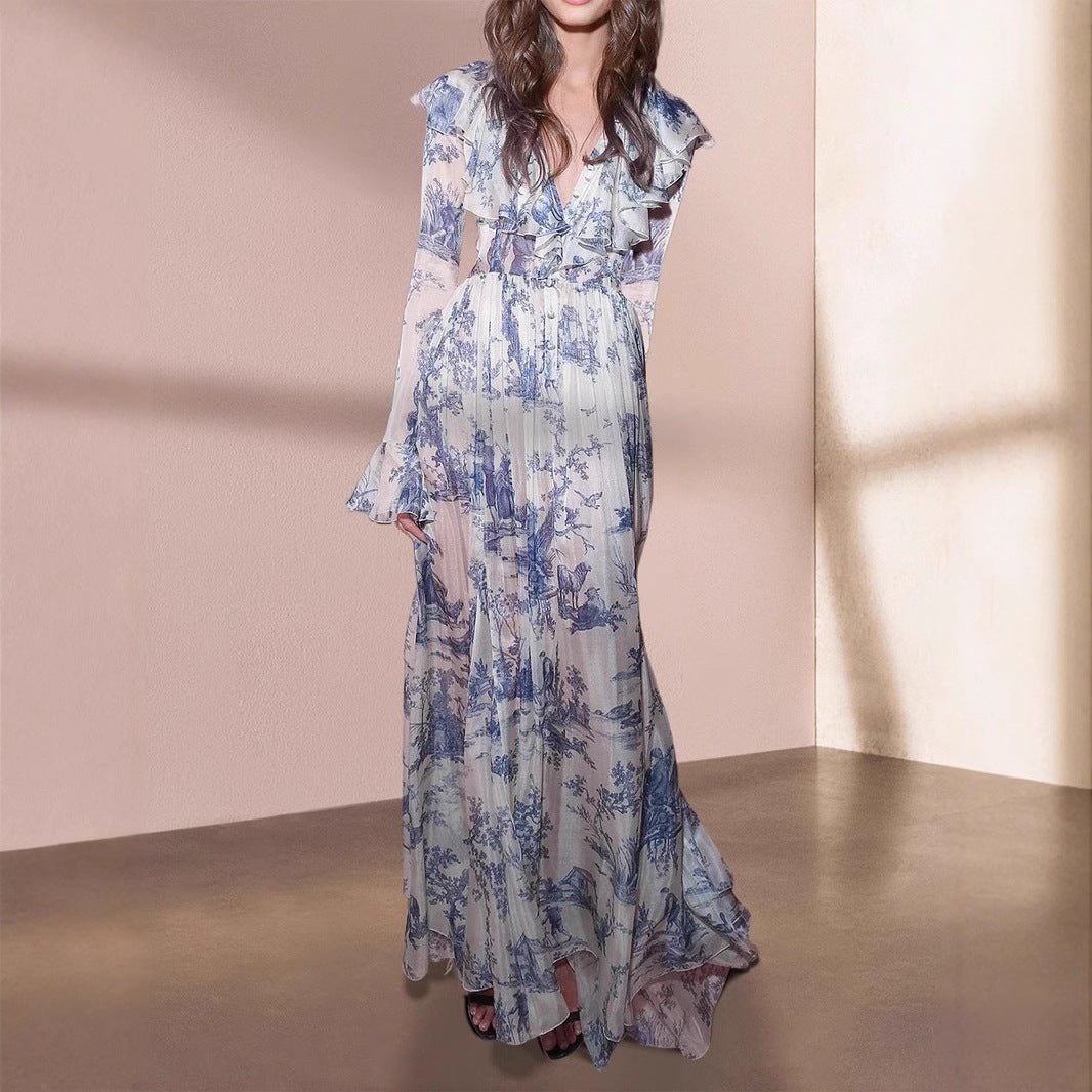 Robe Maxi à Volants Imprimé Toile de Jouy (MS422)