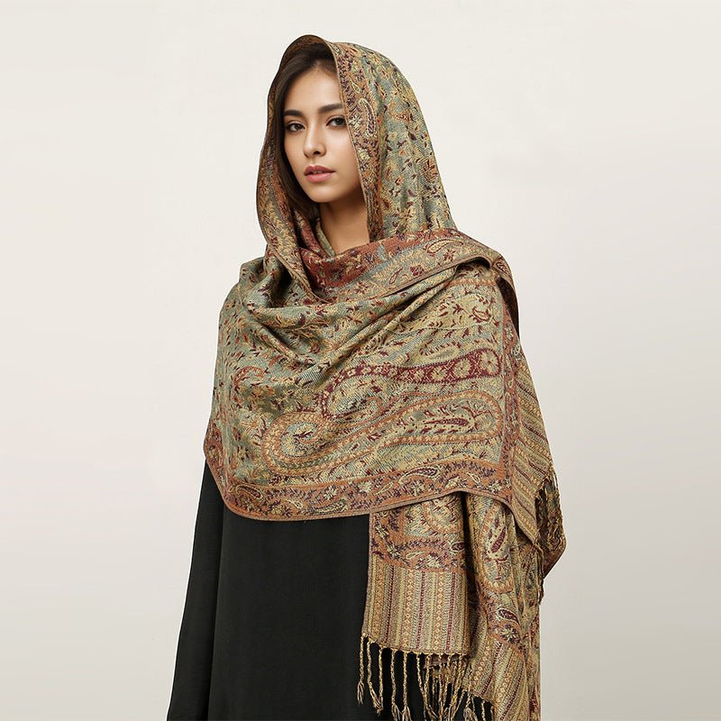 Hijab Vintage Shawl à Motif Fleur de Cajou avec Pompons (MH101)